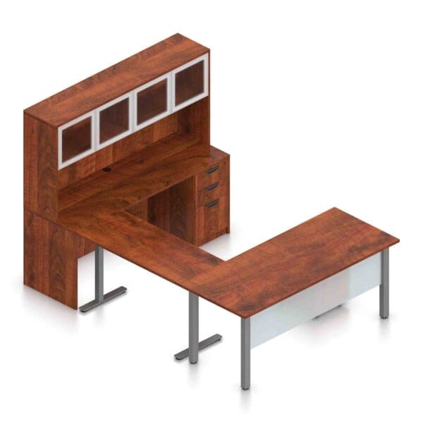 71" x 30" Desk Top with Metal Legs, Acrylic Modesty Panel, Mobile Box/File Pedestal, 48" x 24" Height Adjustable Bridge, 71" x 24" Credenza Shell with Box/Box/File Pedestal and 71" Overhead Hutch with Silver Glass Doors