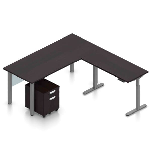 71" x 24" Desk with Metal Legs, Acrylic Modesty Panels, Mobile Box/File Pedestal, and a 48" x 24" Height Adjustable Return