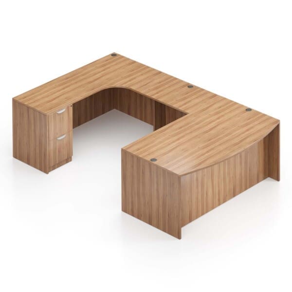 71"W Bow Front Desk with Box/Box/File Pedestal, 42" x 24" Bridge, and a 71"W Credenza with File/File Pedestal