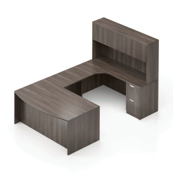 71"W Bow Front Desk with Box/Box/File Pedestal, 42" x 24" Bridge, 71"W Credenza with File/File Pedestal, and 71" Overhead Hutch with Laminate Doors