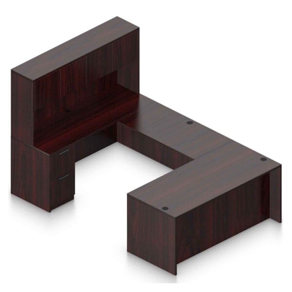 71" x 36" Desk Shell with Box/Box/File Pedestal, 48" x 24" Bridge, 71" x 24" Credenza Shell with File/File Pedestal, and a 71" W Overhead Hutch with Laminate Doors