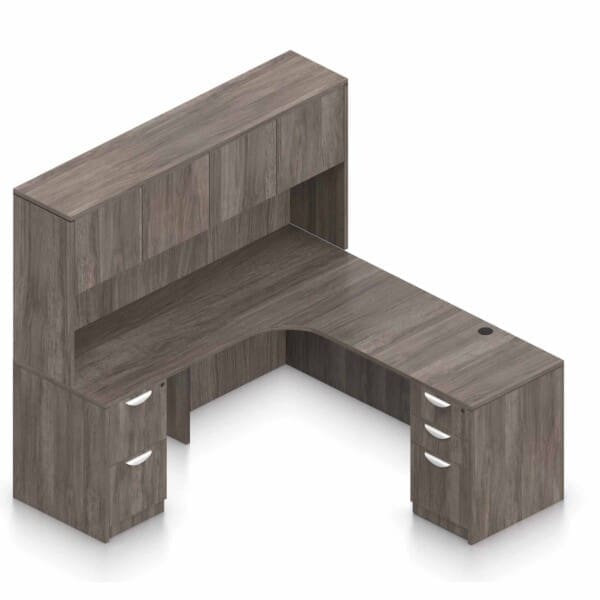 71″ W Desk with Curved Extension with 36″ x 24″ Return, Overhead Hutch and Double Pedestals