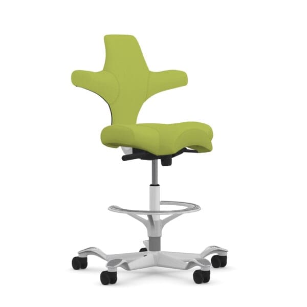 hag capisco chair with a stool cylinder and a footring in a gray frame and an olive antimicrobial vinyl