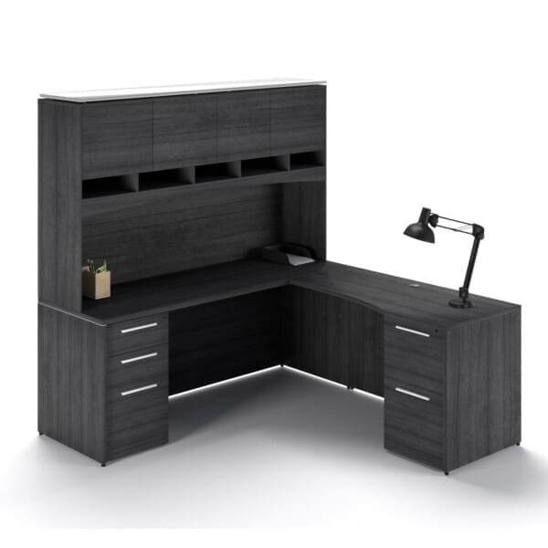 72"W Desk with File/File Pedestal, Overhead Hutch with Laminate Doors, and 42" Angled Return with Box/Box/File Pedestal